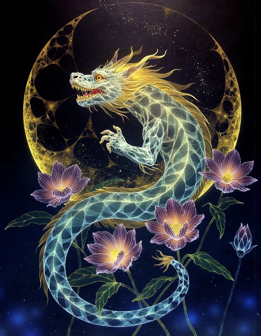 a dinhng style painting , a celestial jade dragon glowing with translucent golden scales curling around a luminous moon, surrounded by intricate flowers under a mystical starry night sky with vivid colors and ethereal deep contrasts, <lora:nihonga-stardust_v32-000070:1>
