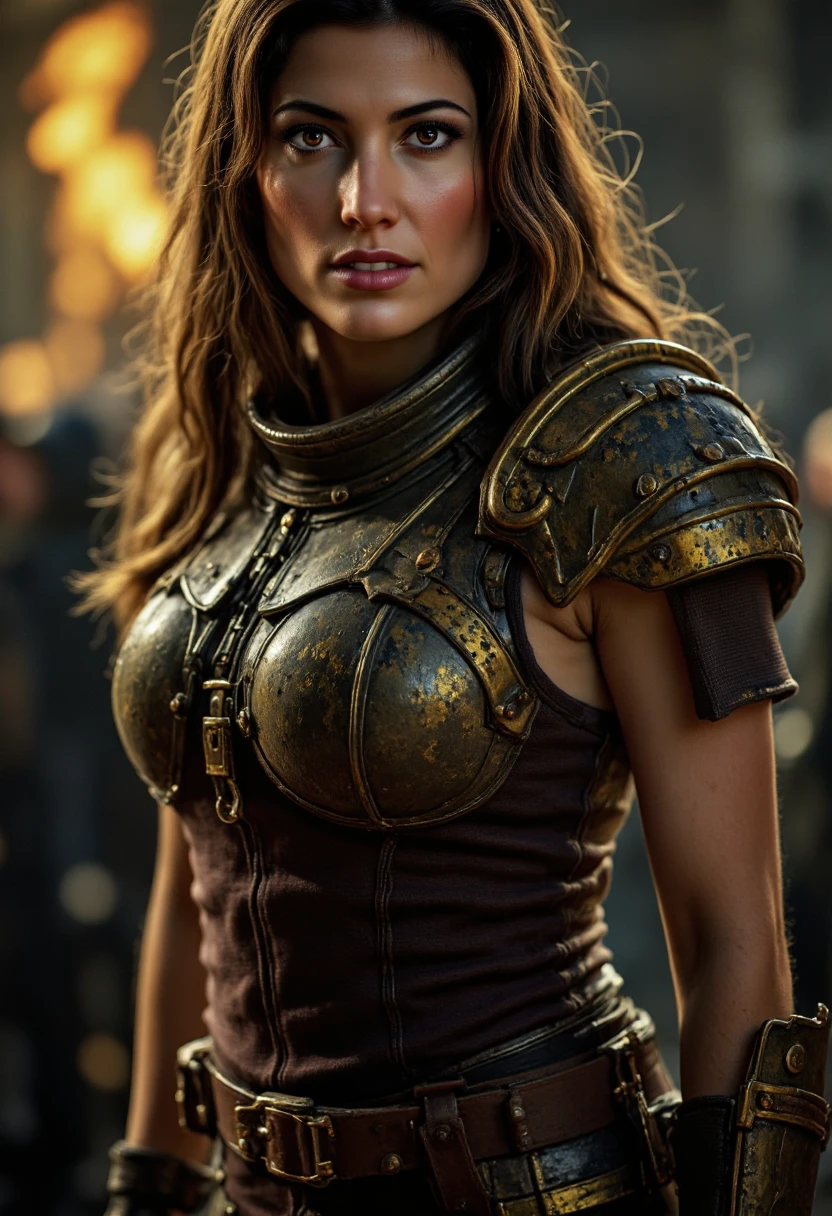 retrato de uma mulher com cabelos longos, pretos, vestida de armadura, with sword in hand , behind her a war scene and beside her a lion