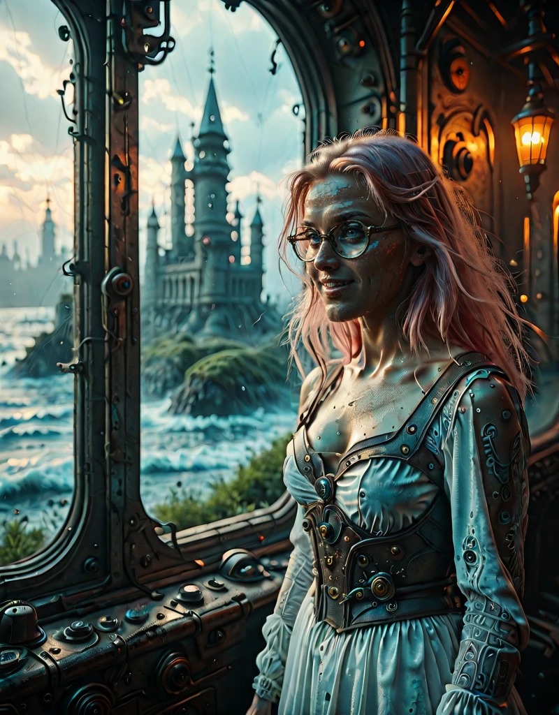 inside an old steampunk luxury train, a beautiful 25yo woman siting, pink long hair, blue eyes, glasses, white dress, smiling, from side, by the window, <lora:Space_Worlds_02__Dark:1.0> sw02d_illus, medieval wet city, day, vegetation, moss, rocks, castle, cyberpunk, steampunk, neons, waves, watercolor,