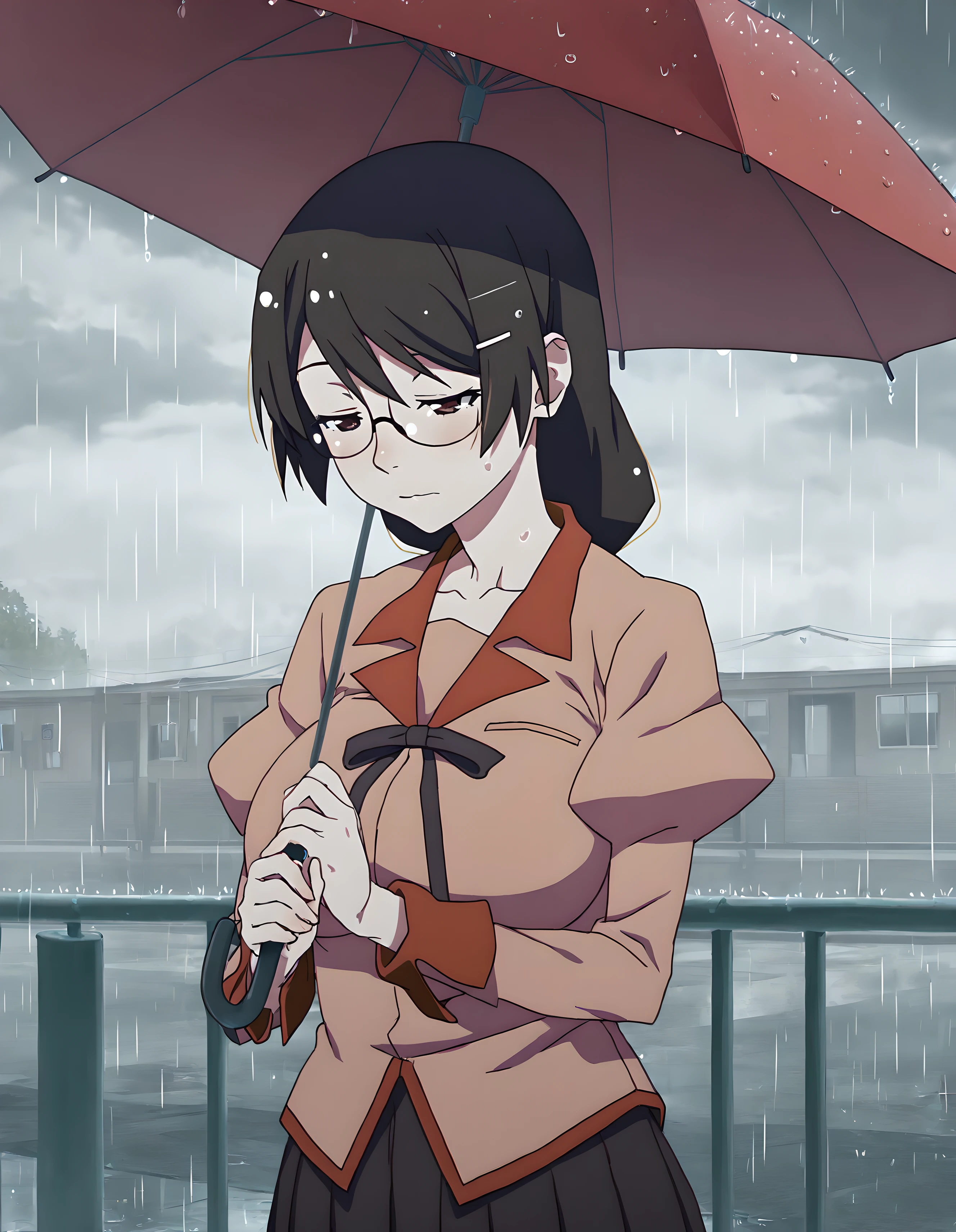 <lora:illustrious_XL_hanekawa_v2:0.8>,hanekawa,masterpiece,best quality,good quality,1girl,solo,naoetsu_high_school_uniform,black skirt,pleated skirt,rain,cloudy sky,public estates,holding umbrella,with both hands,red umbrella,upper_body,narrowed eyes,