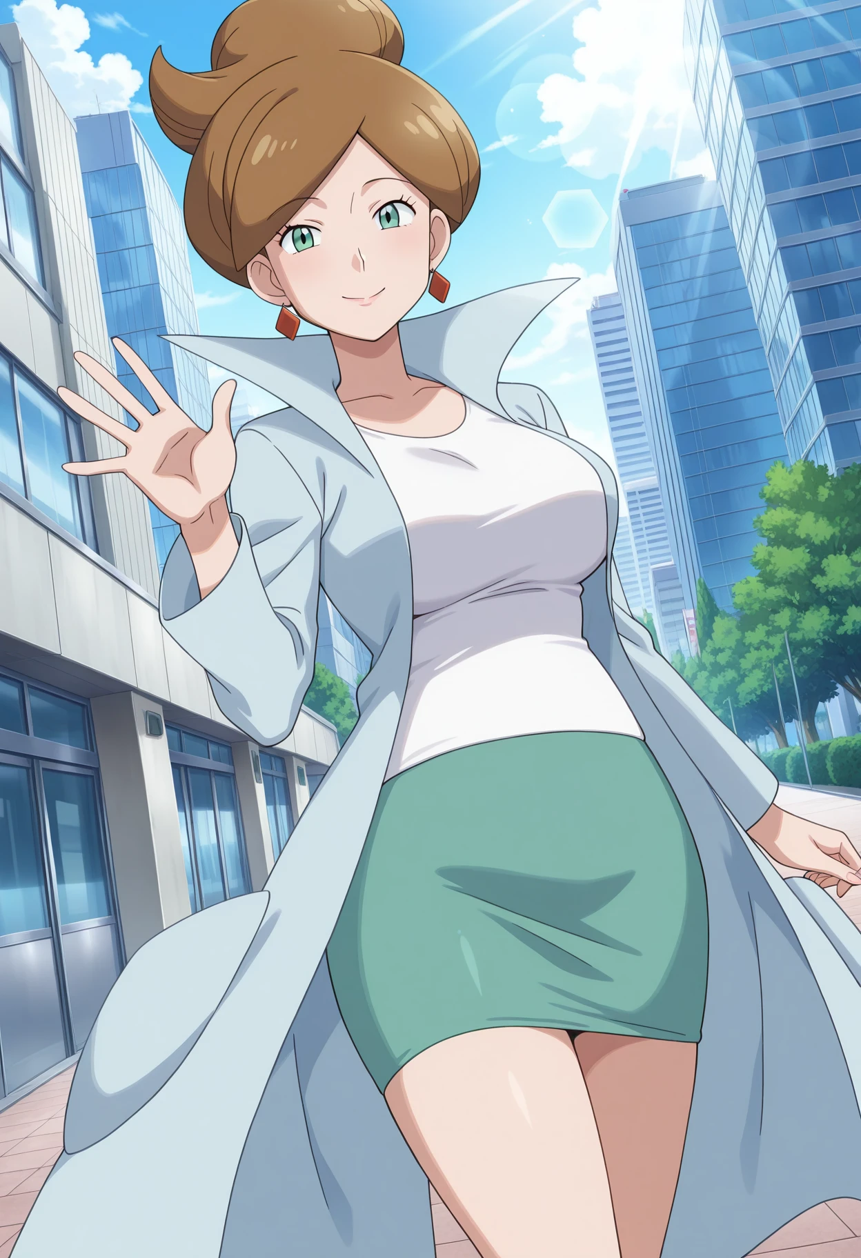 masterpiece, absurdres, newest, 1girl, solo, c-juniper, mature female, green eyes, hair bun, brown hair, lab coat, green skirt, earings, white shirt, long sleeves, outdoors, city, day, lens flare, dramatic lighting, looking at viewer, mature female, anime screencap, thighs, dutch angle, smile, waving, happy, large breasts,