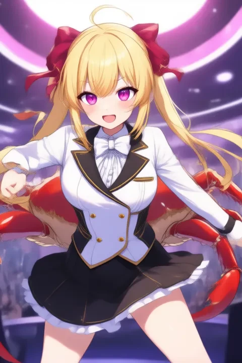 Takamiya Rion, anime-style girl. The image features an anime-style character with long blonde hair styled in twin tails, each adorned with a red bow. The character has striking purple eyes and is wearing a white blouse with black trim and gold buttons, paired with a black skirt that has a frilled hem, (She's fighting a giant crab:2.0) in the club.