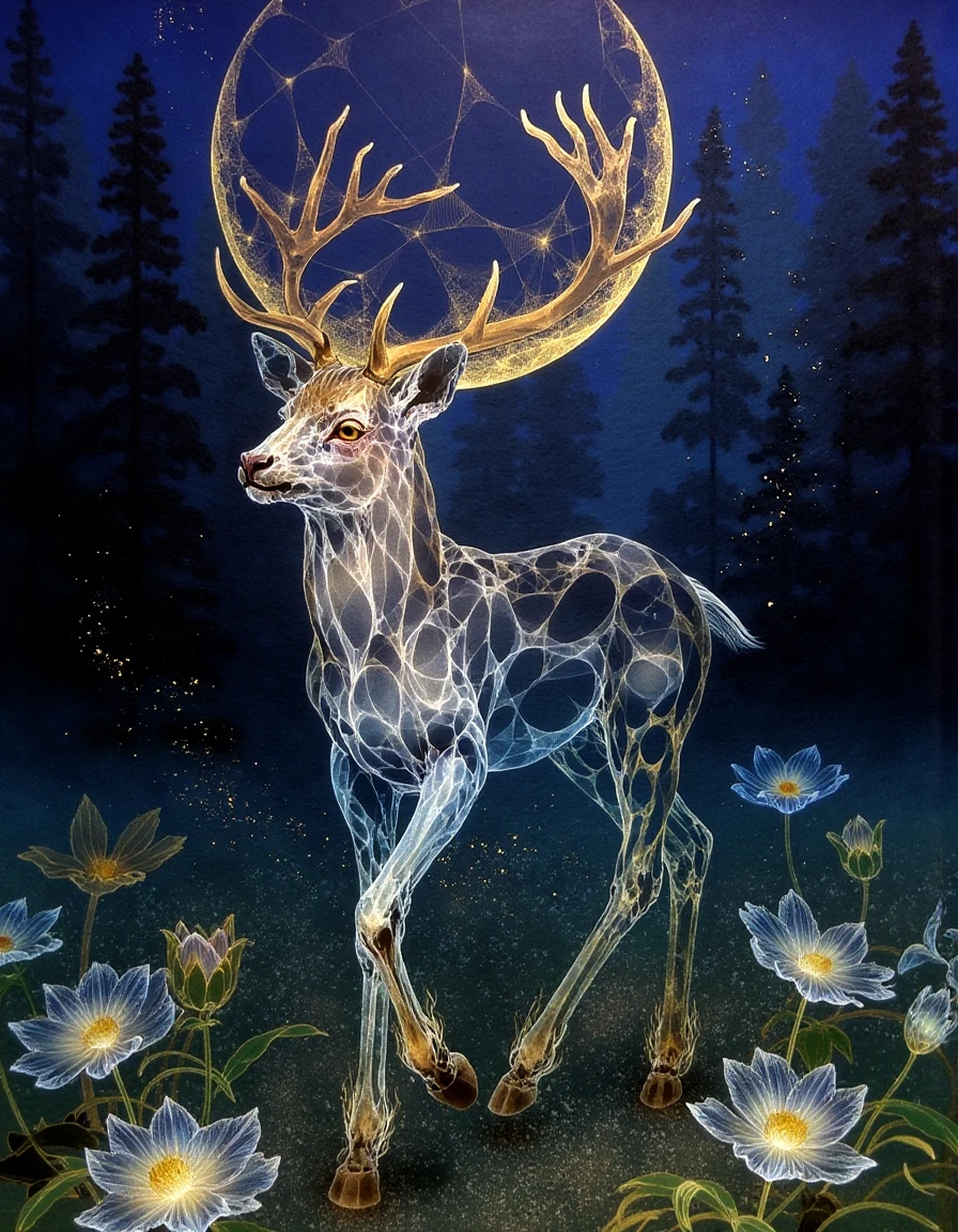 a dinhng style painting , a deer with glowing antlers standing in a mystical forest under a translucent moon, intricate flowers and golden highlights, serene starry night, <lora:nihonga-stardust_v32-000070:1>