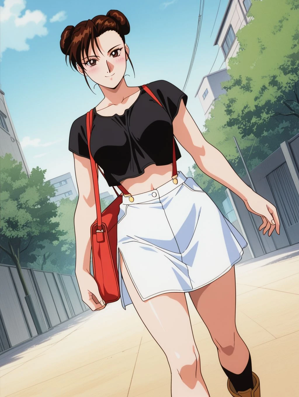 masterpiece, best quality, newest, absurdres, highres, detailed eyes, beautiful, detailed background, perfect eyes, anime coloring, anime screencap, 1990s \(style\), 1girl, solo, mature female, chun-li, brown hair, bangs, short hair, ponytail, brown eyes, medium breasts, black t-shirt, short sleeves, midriff, white buttoned skirt, suspenders, black kneehighs, ankle boots, shoulder bag, looking at viewer, smile, blush, (outdoors), dutch angle, cowboy shot, <lora:chunli_sf2m_illus-05:0.8>