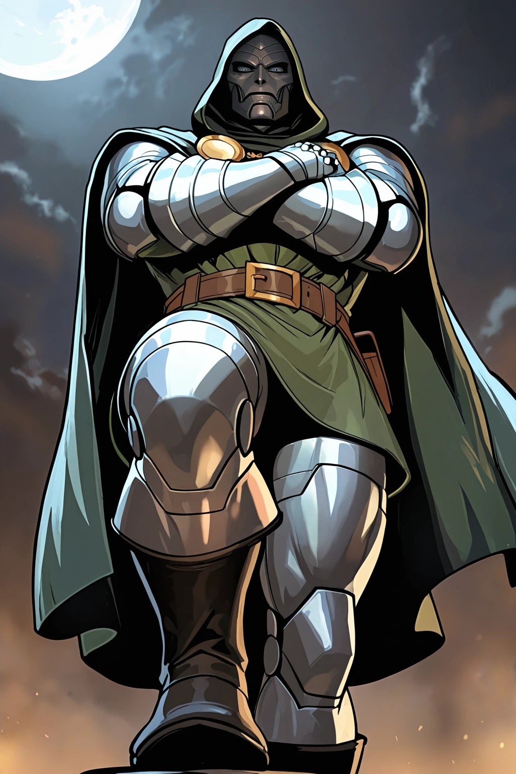 masterpiece, good quality, best quality, very awa, very as2, absurdres, highres
<lora:Doctor DoomilluLoRA:1>drdm, hood, cape, belt, armor, cloak, mask, gauntlets, muscular, boots, crossed arms, from below, stepping on, pov