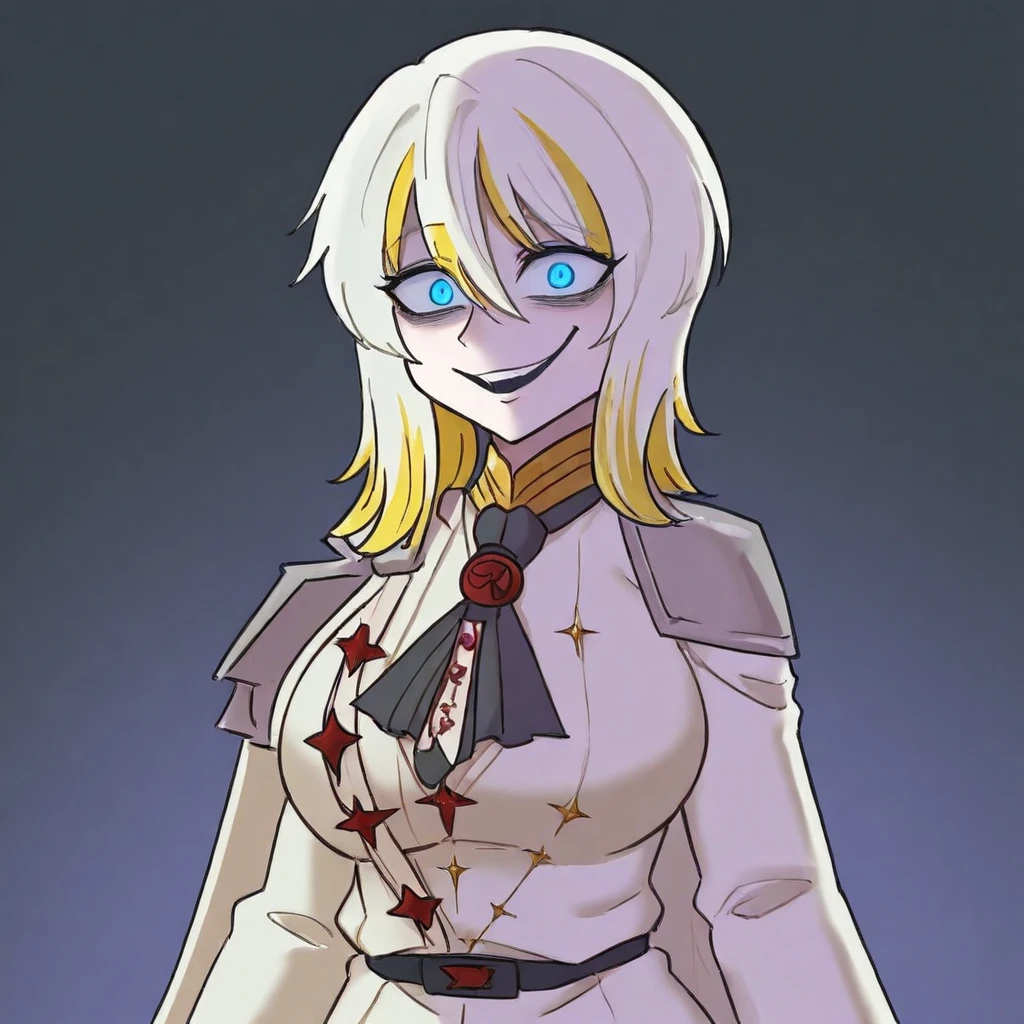 <lora:The_One_Who_Grips_Faust:1> ncorpfaust, 1girl, solo, blonde hair, blue eyes, large breasts, hair between eyes, multicolored hair, white hair, white military uniform, black ascot, pauldrons, white cape, evil smile, Peace sign
<lora:cubedcoconut_ill:1>