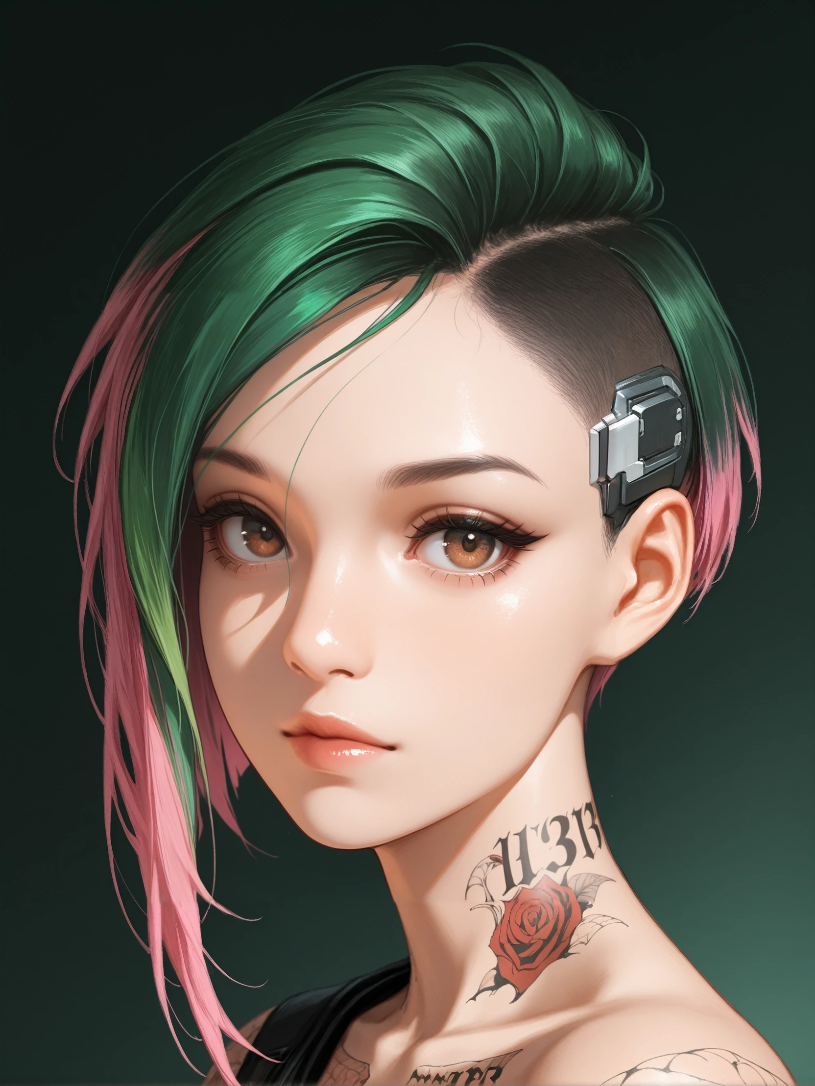masterpiece, best quality, absurdres,
<lora:ILCyberJudy:1.0>
CyberJudy, 1girl, brown eyes, asymmetrical hair, multicolored hair, pink hair, green hair, tattoo, looking at viewer, portrait