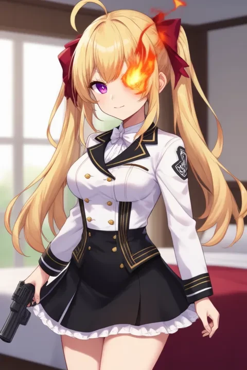 Takamiya Rion, anime-style girl. The image features an anime-style character with long blonde hair styled in twin tails, each adorned with a red bow. The character has striking purple eyes and is wearing a white blouse with black trim and gold buttons, paired with a black skirt that has a frilled hem, (Her right eye is burning with blue fire:3.0), (she is walking with gun:2.0) in bedroom.