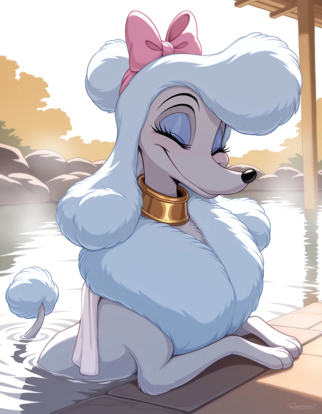 masterpiece, best quality, amazing quality, very aesthetic, high resolution, feral
Ge0rgette, disney, poodle, light blue fluffy fur, blue mascara, gold collar, tail, pink bow on head, towel around neck, onsen, hot spring, partially submerged, sitting in water, relaxing, eyes closed, smile
<lora:Ge0rgette_il:0.9>