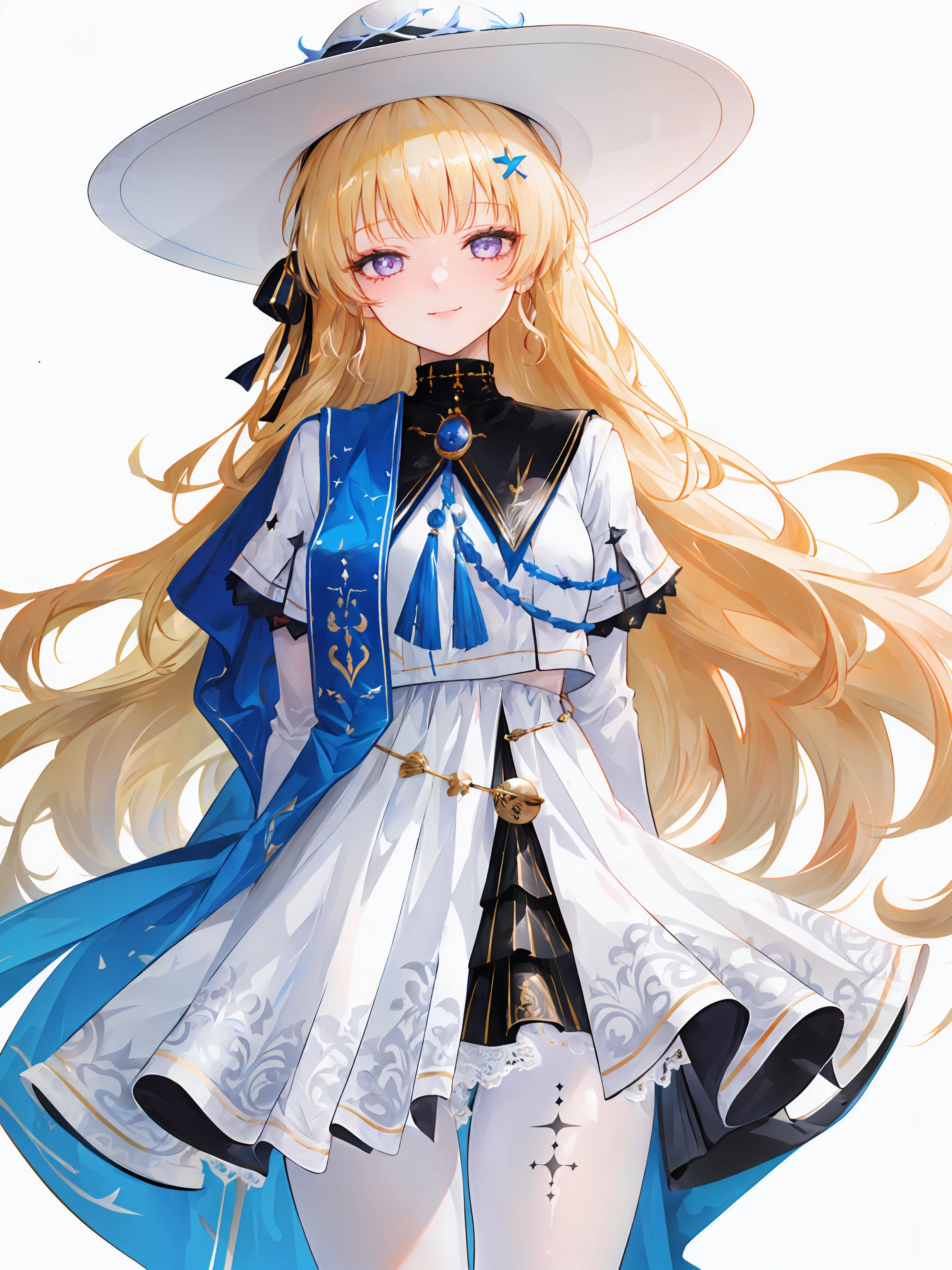 ((masterpiece,best quality)), 1girl, phoebe, white hat, leg tattoo, white pantyhose, arms behind back, cowboy shot, smile, white background,