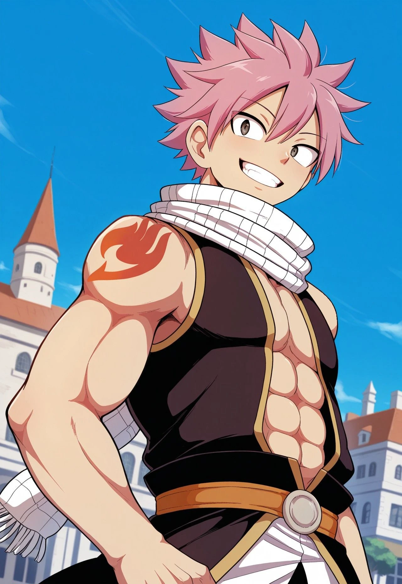 1boy, 20 year old, Natsu Dragneel smiling widely wearing a black half jacket bare chested, ((white scarf)). In black trousers with a bulge, flexing his arms looking at the viewer. Big muscular proportionate arms and strong chest and abs. Pink hair front view
