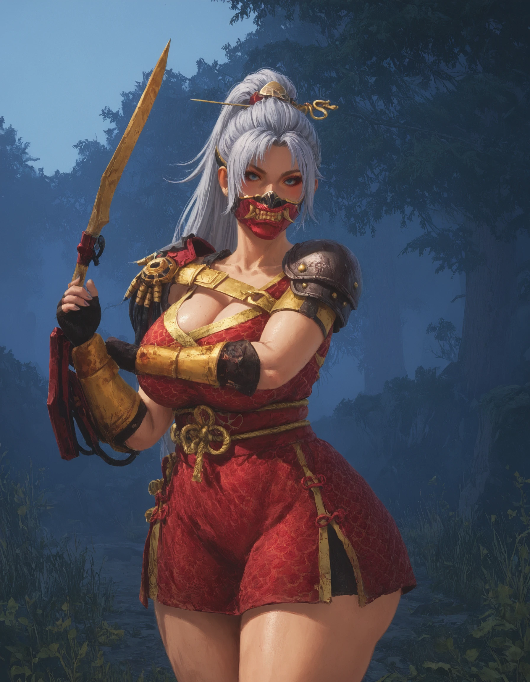 score_9, score_8_up, score_7_up, masterpiece,<lora:sn0wStyle:1> <lora:HKHorrorXL:1>1girl, mask, armor, solo, gloves, shoulder armor, weapon, hair stick, fingerless gloves, looking at viewer, hair ornament, long hair, gray hair, ponytail, the skull merchant, outdoor, sunlight<lora:The_Skull_Merchant_Lunar_Outfit_Dead_by_Daylight:0.8>wide hips, thick thighs, hyper hips, huge breasts, gigantic breasts, gigantic ass,