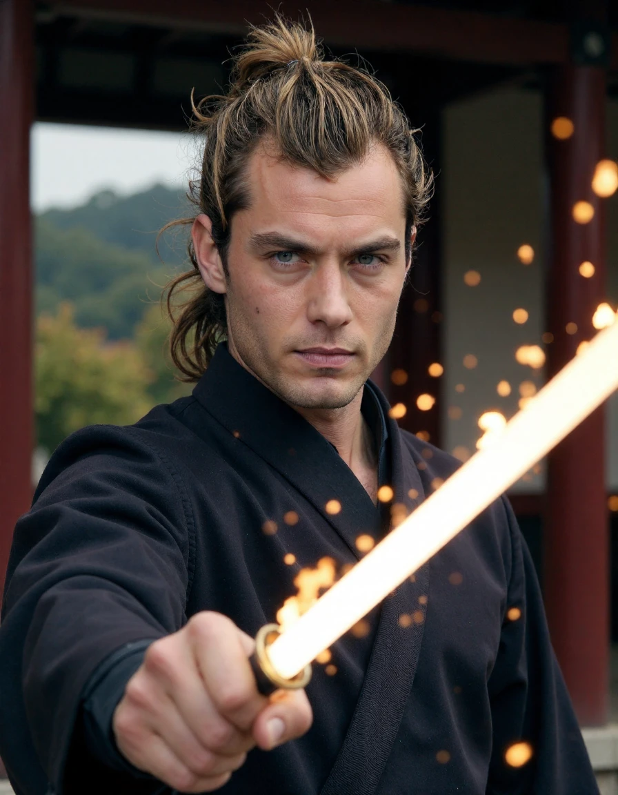 <lora:Jude_Law_Ca2004:1> man As a Caucasian Samurai, Action Scene, Mid-Swing, Stern, Fierce, Kimono, Armor Do-Maru, Hakama Pants, Katana, Bushido Code, Shogunate, Holding A Katana Glowing With White Energy, Glow Effects, Particle Effects, Long Hair Flowing In The Wind, Standing In A Dojo Training For The Next Battle, glowing white sparks emanate from the blade, Extreme Close-Up, Zoomed, Focus On Face, Centered, Macro Shot, Face Centered, Focus On Eyes, Looking Directly At The Viewer, Looking Directly At The Camera, Making Eye Contact, Looking Straight Ahead, <lora:zz_s_Chest_Size_Slider:-2> High Collar, Chest Covered