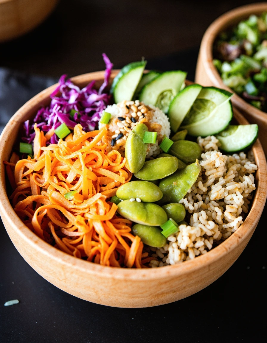 foodpho , High resolution food photography style using Sony A7RIV, The image is a close-up of a bowl of food. The bowl is made of light-colored wood and is placed on a black surface. The food in the bowl appears to be a colorful and appetizing dish with a variety of ingredients.

In the center of the bowl, there is a pile of shredded carrots, sliced cucumbers, sliced green onions, sliced red cabbage, edamame, and sesame seeds. On top of the carrots, there are small pieces of sliced avocado and a dollop of sesame seed dressing. On the left side of the plate, there appears to have a bed of rice or noodles, and on the right side, it looks like a salad with a mix of different types of vegetables. The colors of the ingredients are vibrant and the dish looks fresh and vibrant. The image is detailed and shot using a 50mm f 1.8 lens.