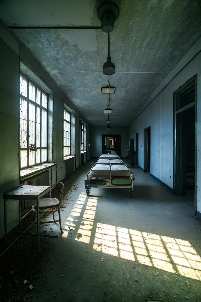 <lora:JJsAbandonedHospital:0.85> , ((Abandoned Hospital)), ((masterpiece)), ((best quality)), scenery, indoor, realistic, soft lighting, high detailed, center composition, door, window, bed, hall way, vine, lamp, desk, bottle, dirty, moss, crack, medical equipment, dust, soil, broken glass, gray wall,, photography, capturing moments, storytelling, creative composition