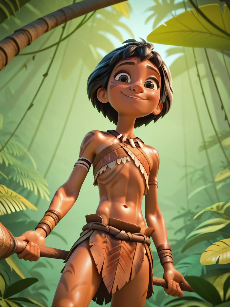 DisneyStudioXL, cinematic, cartoon,
1boy holding a lance, tribal tattoom, tribal clothes, jungle, a lot of vegetation, looking at looking at viewer, smile, cute,, cowboy shot, dynamic angle, epic pose, from below, skinny, dark skin, black hair,
<lora:DisneyStudios_style-12IL:1>
