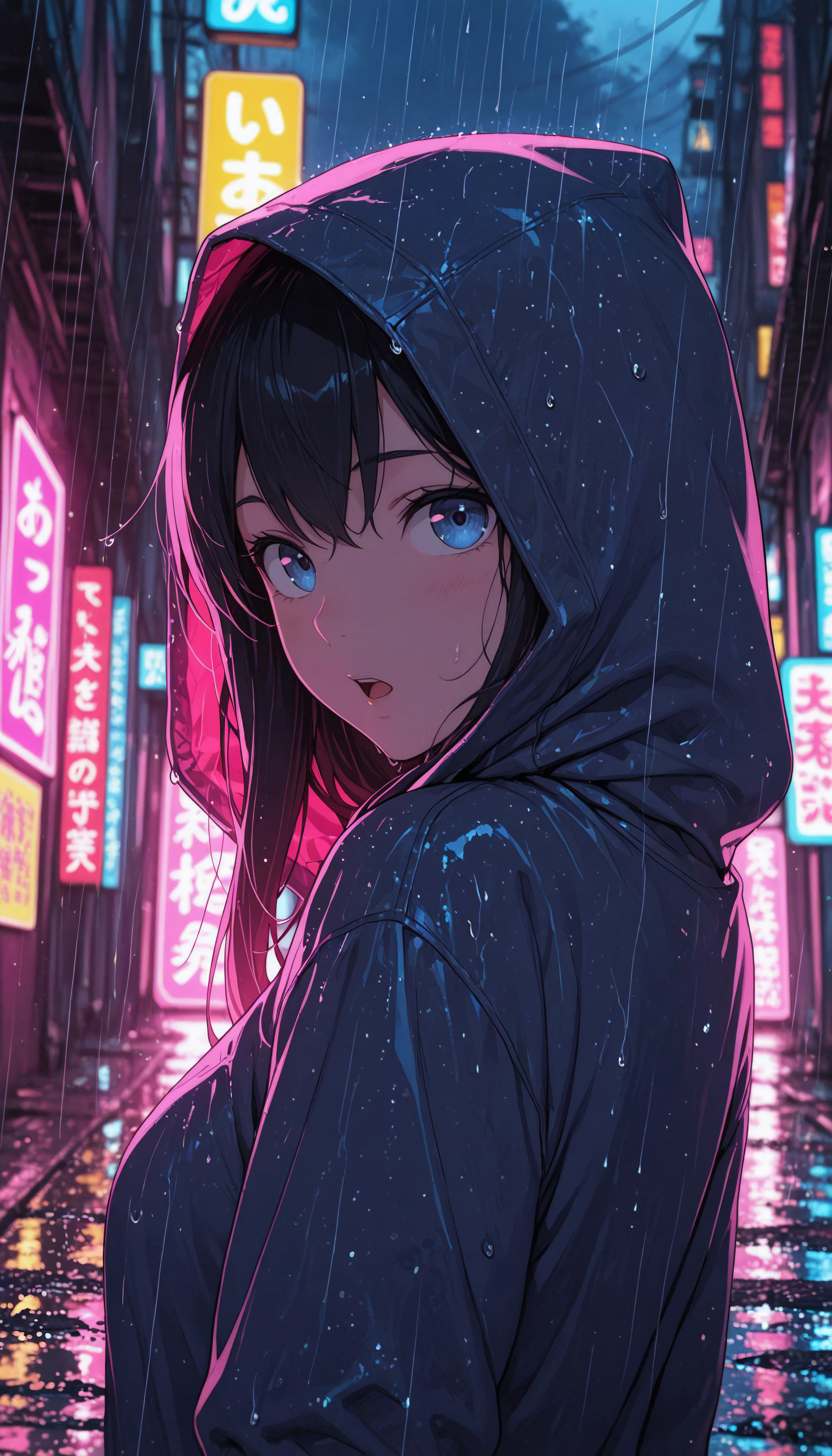aniwall, anime, aesthetic, 8k wallpaper, detailed, 1girl, solo, long hair, looking at viewer, open mouth, jacket, upper body, outdoors, hood, rain, from behind, blurry, blurry background, hood up, raindrop, hoodie, night, hood down, raindrops, neon lights, hooded jacket, hdr, low contrast,
masterpiece, best quality, absurdres, highres, perfect anatomy, perfect lighting, (sharp image), dynamic angle