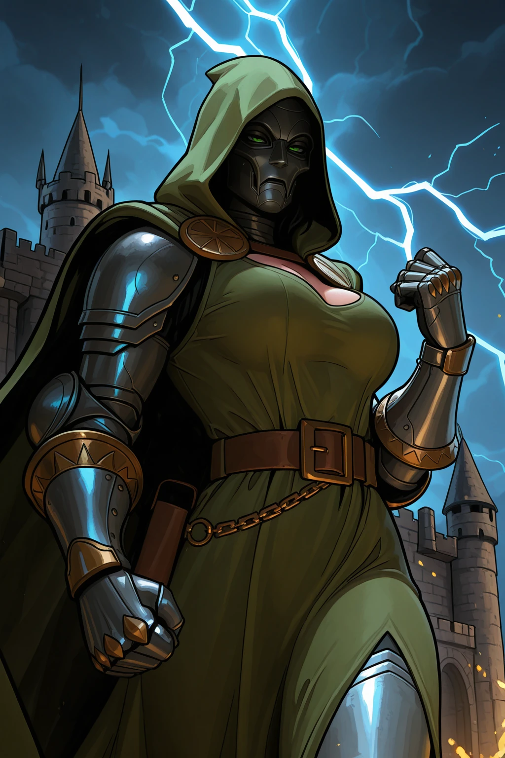 masterpiece, good quality, best quality, very awa, very as2, absurdres, highres
<lora:Doctor DoomilluLoRA:1>drdm, hood, cape, belt, armor, cloak, mask, gauntlets, muscular, cleavage, hand up, clenched hand, lightning, castle, at night
<lora:Sfrinzy styleIlluLYCO:1> sfrinzy, large breasts