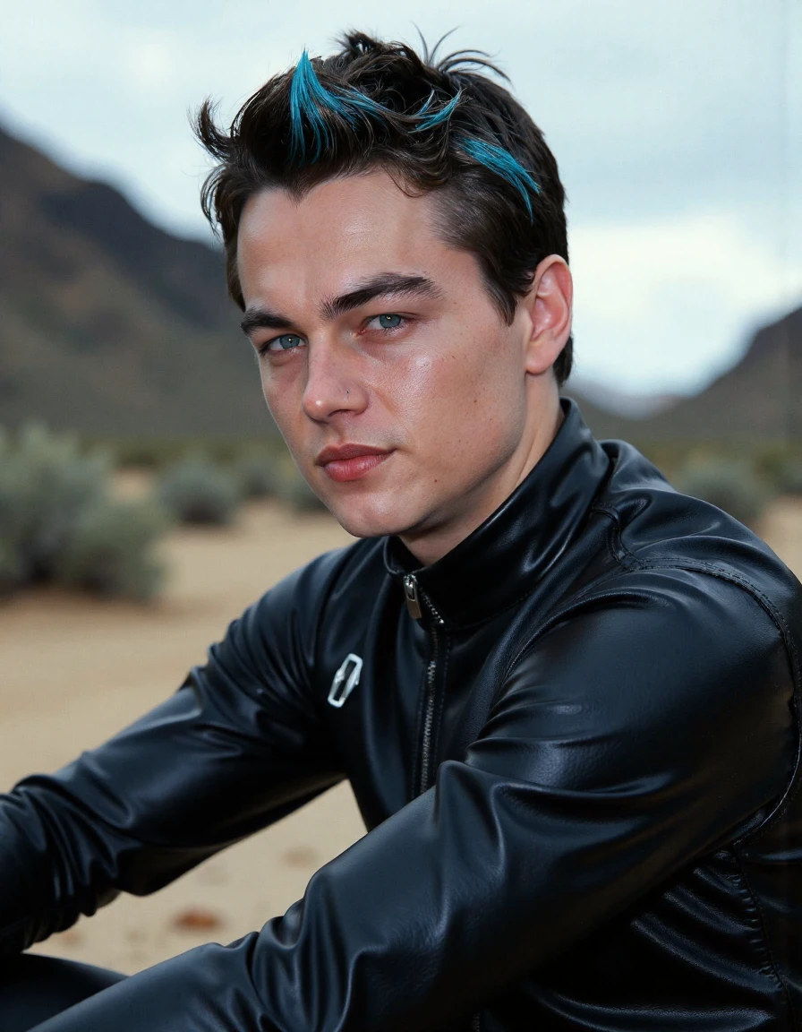 <lora:leonardo-dicaprio-ca1997-000005:1> man A Cybernetic Android, One Eye Glows Red, Brightly Colored and Tinted Blue Hair, One Mechanical Eye, Dynamic Background, Elegant Intricate Artstation Concept Art Style, Desolate Tones, Intricate Detail, Breathtaking Masterpiece, Dramatic Lighting, Wearing Skin-Tight, Form-Fitting Black Leattheir Cybernetic Android Uniform That Tightly Covers The Body, It Also Covers The Chest And Neck, The Uniform Includes An Extreme Amount Of Zippers, An Ak47 Is Strapped To The Back, Sitting On A Futuristic Motorcycle, Background Is Dystopian Post-Apocalyptic Wasteland , Bokeh, Extreme Close-Up, Zoomed, Focus On Face, Centered, Macro Shot, Face Centered, Focus On Eyes, Looking Directly At The Viewer, Looking Directly At The Camera, Making Eye Contact, Looking Straight Ahead, <lora:zz_s_Chest_Size_Slider:-2> High Collar, Chest Covered, Glow Effects, God Rays, Hand Drawn, Render, 3d Render, Octane Render, Cinema 4d, Blender, Dark, Atmospheric 4k Ultra Detailed, Cinematic, Sharp Focus, Big Depth Of Field, Masterpiece, Colors, 3d Octane Render, 4k, Concept Art, Trending On Artstation, Hyper Realistic, Vivid Colors, Extremely Detailed Cg Unity 8k Wallpaper, Trending On Cgsociety, Intricate, High Detail, Dramatic, Professional Photo, Glow Effects, God Rays, Cinematic, Sharp Focus, Big Depth Of Field, Masterpiece, Colors, 4k, Hyper Realistic, Vivid Colors, Extremely Detailed, 8k Wallpaper, Intricate, High Detail, Dramatic Lighting, High Contrast, Shadows, Highlights, Cinematic, Atmospheric <lora:zz_s_Fluxartis:0.5> A highly detailed cinematic photography <lora:zz_s_Stylish_Lighting:0.5>