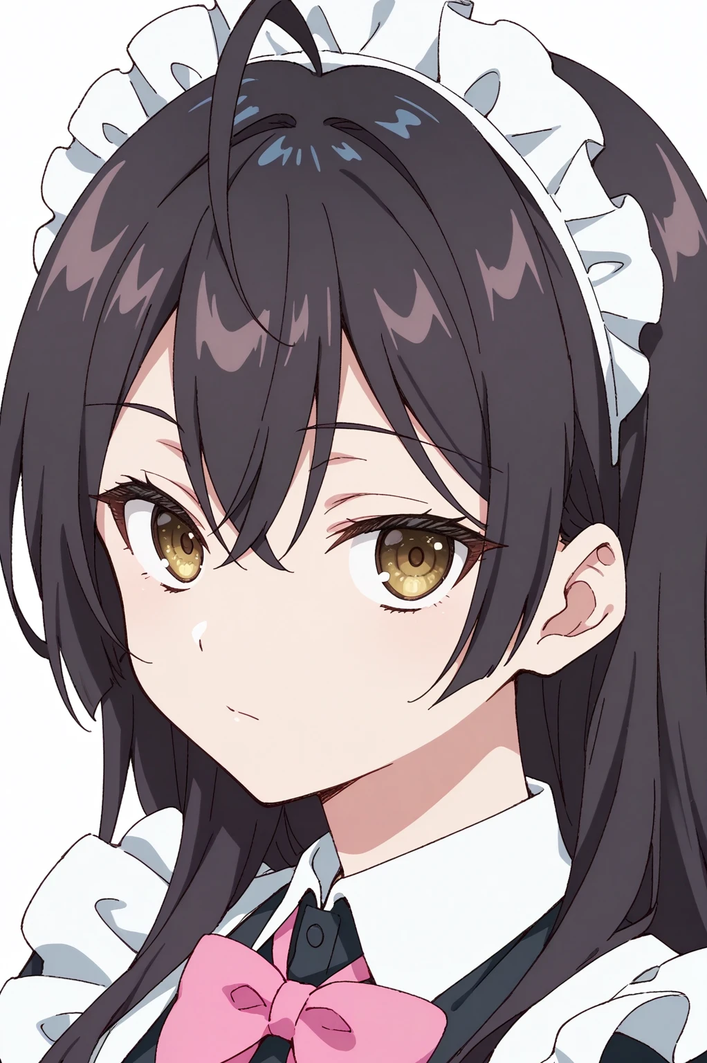<lora:weq:0.8> white background, Ayano, solo, long hair, looking at viewer, black hair, bow, hair between eyes, closed mouth, upper body, ahoge, short sleeves, puffy sleeves, bowtie, black dress, black shirt, puffy short sleeves, maid, maid headdress, expressionless, pink bow, pink bowtie, anime