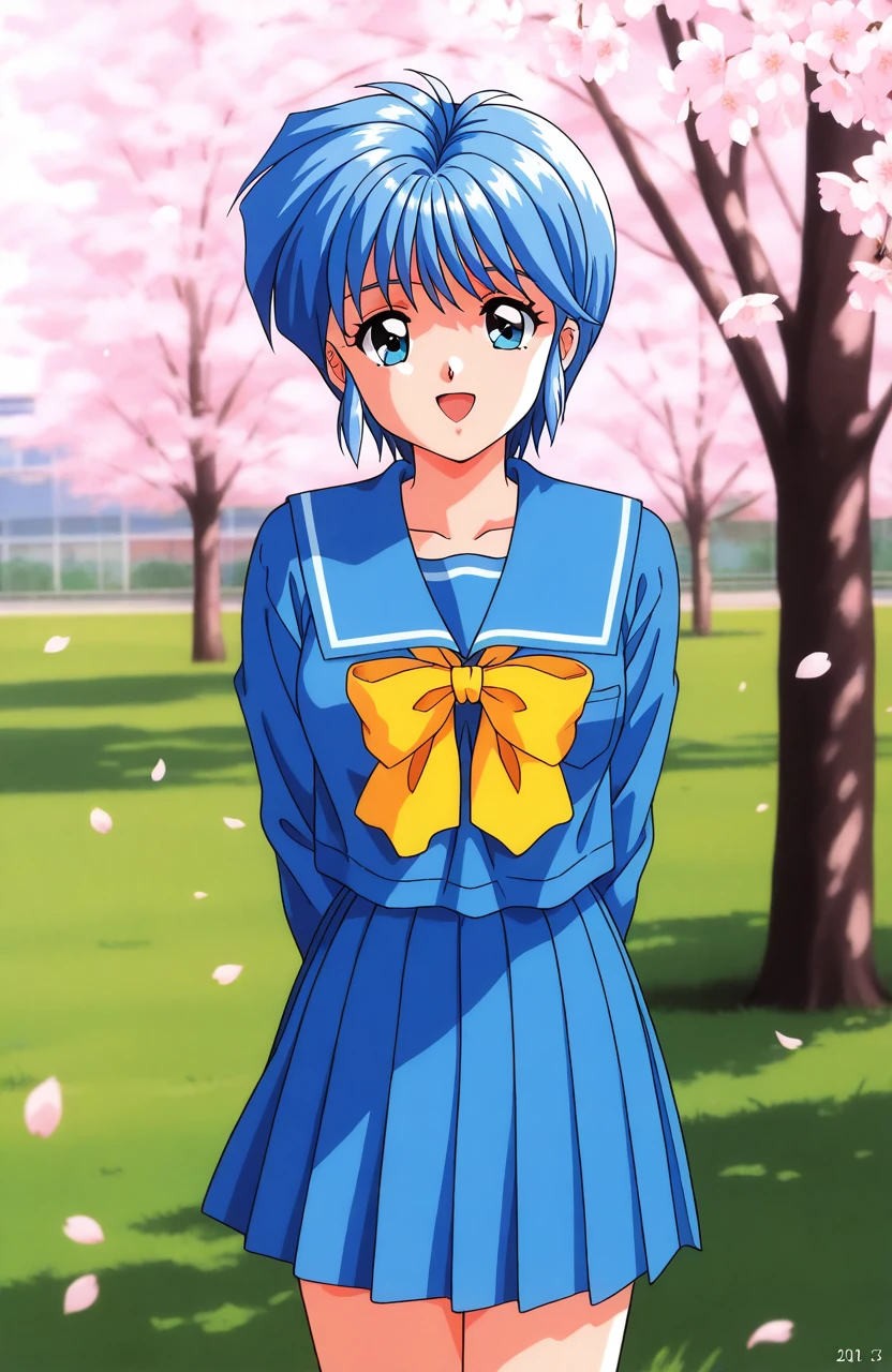 general,highres, ultra-detailed,very aesthetic,best quality ,best hands, BREAK <lora:Nijino_Saki_Tokimeki_Memorial_IS:1>Nijino_Saki(Tokimeki_Memorial),1girl, solo, blue hair, blue eyes, short hair, bangs, medium breasts, 1990s (style),
school uniform, skirt, blue skirt, outdoors, arms behind back, serafuku, open mouth, pleated skirt, sailor collar, bow, looking at viewer, smile, tree, long sleeves, day,
blue shirt, blue sailor collar,
yellow bow, dated, cherry blossoms, shirt, grass,
standing, cowboy shot,
