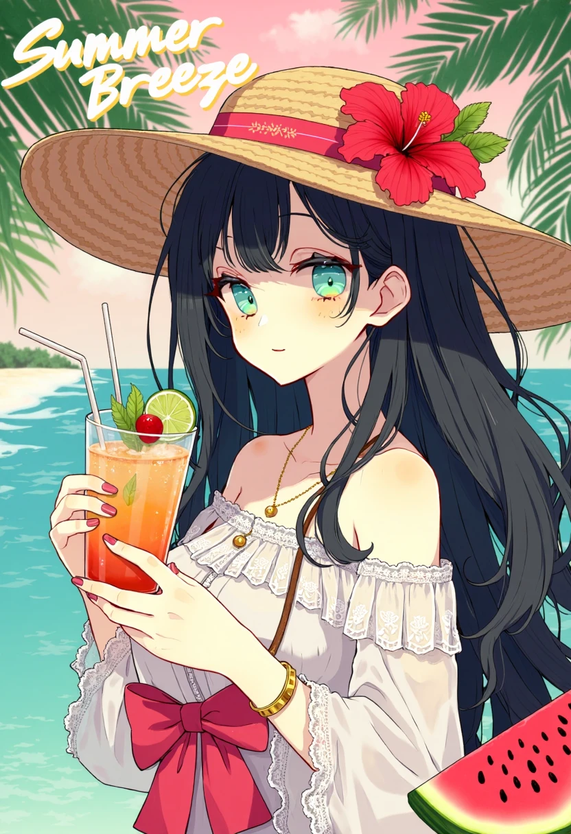 clean soft color digital illustration of girl with a slender physique and fair skin, depicted in an anime style. She has long, flowing dark hair and wears a wide-brimmed straw hat adorned with a red hibiscus flower. Her large, expressive teal eyes and delicate features are prominent. She is dressed in a white, off-the-shoulder blouse with intricate lace patterns, revealing her shoulders. The blouse has a slightly sheer texture, adding a touch of elegance. She accessorizes with a delicate gold bracelet and a matching necklace.
The background is a vibrant, tropical setting with a soft gradient of pastel colors, including shades of pink, blue, and green. The scene is enhanced with tropical elements like palm fronds and a slice of watermelon with a slice of lime, suggesting a summery, beach-like atmosphere.
She is holding a glass filled with a refreshing drink, garnished with a slice of lime and a sprig of mint. The text "Summer Breeze" is prominently displayed in a modern, stylish font at the top of the image. The overall composition is visually appealing, with a mix of bright, cheerful colors and a relaxed, summery vibe.