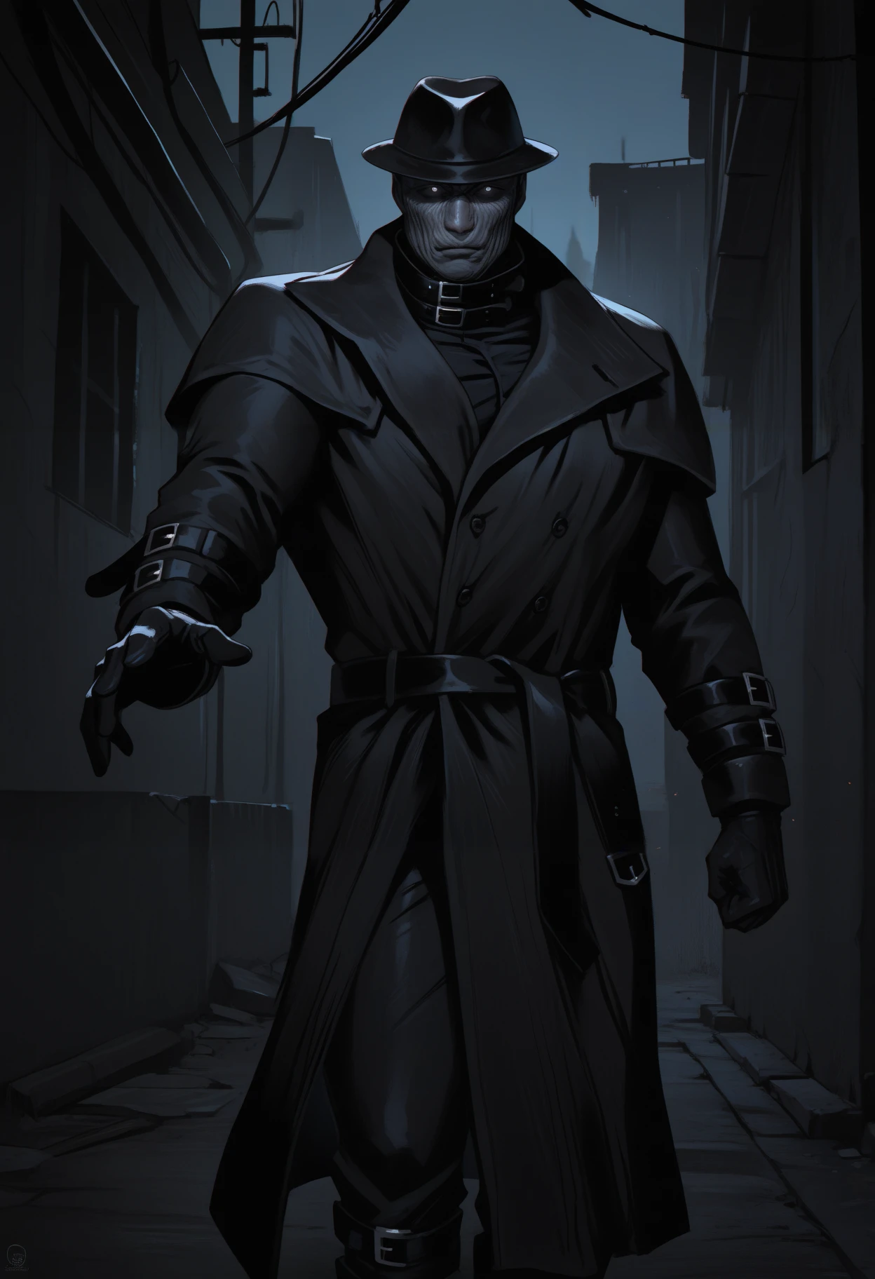 masterpiece, best quality, newest, hdr, dark, night, outdoors, closed mouth, expressionless, 1boy, solo, xg0g1ty, grey eyes, grey skin, bald, wrinkled skin, black fedora, belt collar, black coat, long coat, buttons, black shirt, arm belt, black gloves, black belt, black pants, leg belt, black footwear, reaching towards viewer, looking at viewer, 
<lora:Mr. x Illustrious:1>