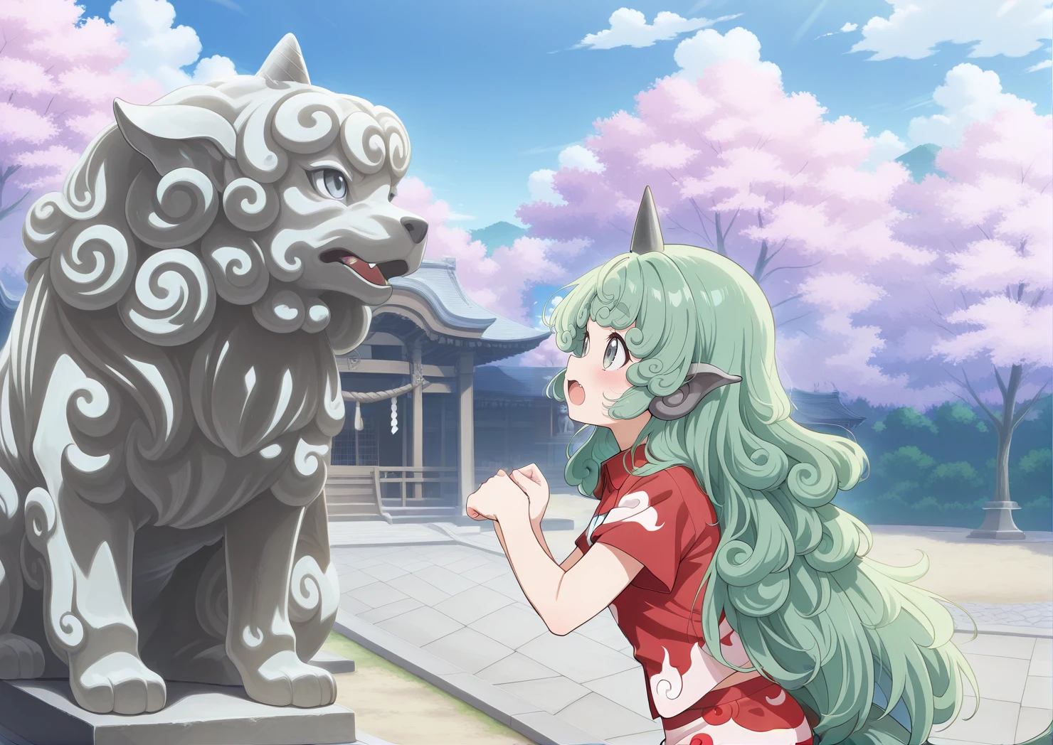 absurdres, highres, masterpiece, best quality, amazing quality, official anime artwork, screencap, anime screencap, outdoors, dynamic pose,
architecture, arms up, blue sky, blush, cherry blossoms, cloud, day, east asian architecture, from side, hakurei shrine, looking to the side, open mouth, outdoors, paw pose, rope, shide, standing, statue, stone eyes, grey eyes, stone walkway, tree,
<lora:Aunn-Komano_Illustrious:1> komano aunn, 1girl, solo, green eyes, green hair, curly hair, komainu ears, long hair, single horn, tail, fang,, red shirt, red shorts, cloud print,