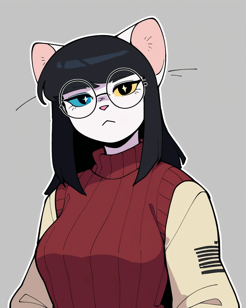 score_9_up, score_8_up, score_7_up, score_6_up, half-length portrait, cat, medium breasts, black hair, white body, heterochromia, sweater, female, round glasses, jeans, white sneakers, cat tail, looking at viewer, solo, neutral expression, three-quarter view, head tilt, simple background, white outline, <lora:Leah_Pines(AIM)_XL_v1:0.15> <lora:PDXL_artist_tags_v2_big:0.5> <lora:The-Minuscule-Task_PDXL_v1.0:0.6> <lora:Mika_Shinohara_Sonokido:0.6>