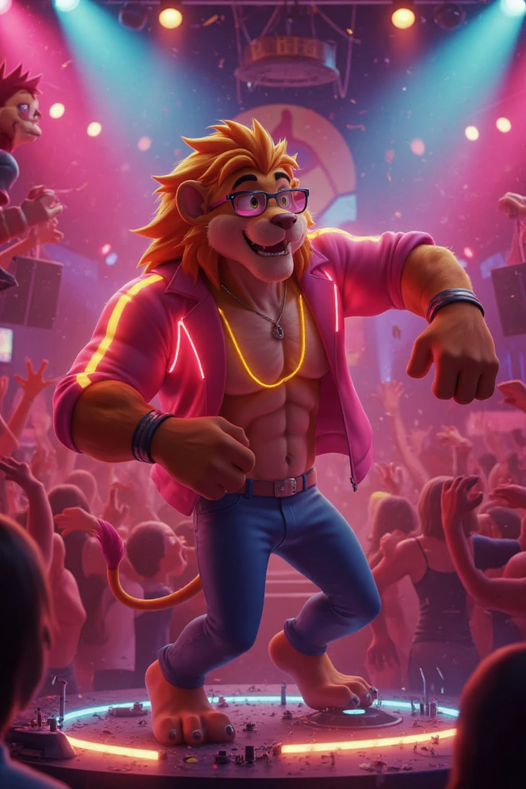"Looney Tunes-style, 3D animated model, muscular anthropomorphic lion, male, adult, wearing flashy sunglasses and a neon jacket, dancing on a DJ booth in a crazy nightclub in Ibiza, exaggerated dance moves, vibrant glowing lights, smooth Pixar-style fur, dynamic cel-shaded lighting, cartoon crowd partying in the background