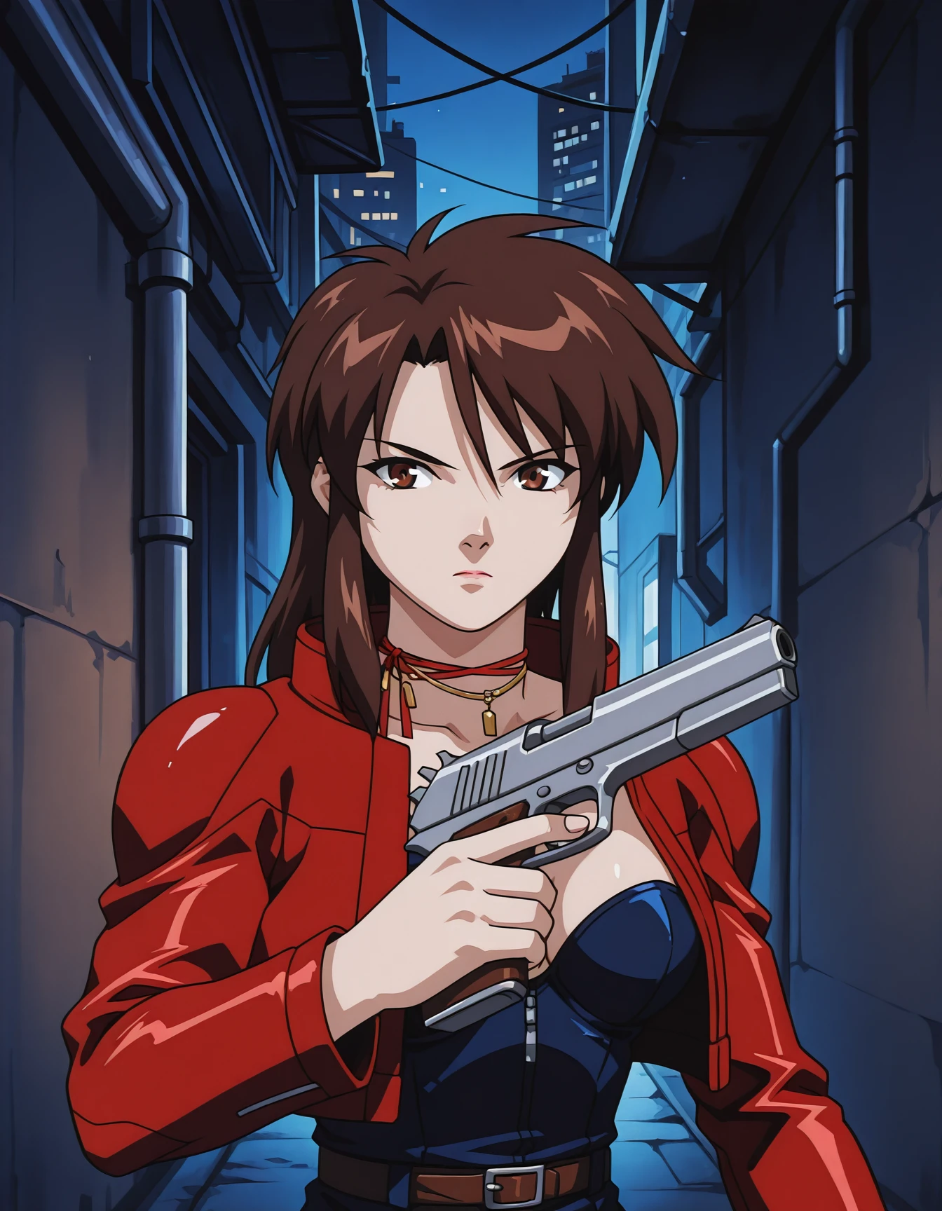 <lora:Armitage_by_minion-46:0.55> 1girl, armitage, cleavage, cross earrings, looking at viewer, perfect eyes, jacket, red bra, jewelry, navel, open jacket, cowboy shot, holding gun, weapon, red shorts, red boots, black thighhighs, dynamic pose, solo, by artgerm, cinematic 4k wallpaper,ultra detailed, high resolution, artstation, award winning