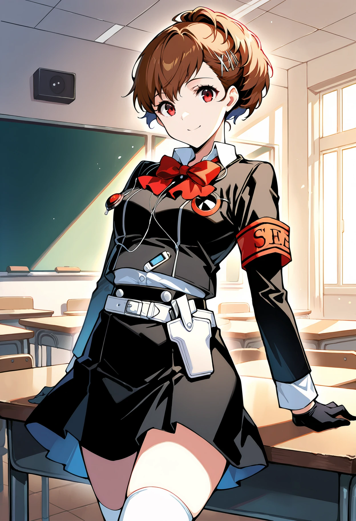 (masterwork, masterpiece, best quality, hyper-detailed :1.1),
1 girl, solo,
p3kotone, ponytail, shiomi kotone, brown hair, short hair, hair ornament, hairclip, headphones, digital media player
p3kotone-sees, gekkoukan high school uniform, armband, skirt, jacket, black jacket, long sleeves, socks, gloves, black gloves, kneehighs, black skirt, red bow, white socks, brown footwear, , holster, white holster, belt, white belt,
classroom, looking at viewer, smile, standing, cowboy shot, thighs