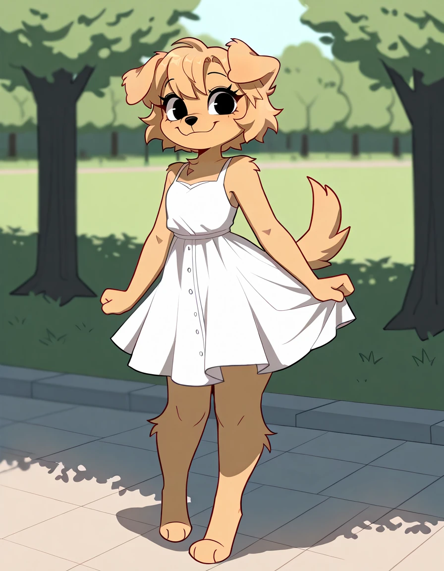 masterpiece, best quality,
outdoors,park,
sundress, full body,smile,long eyelashes,
<lora:Bherri_v01_ILXXL:1>,
Bherri,1girl,solo,furry female,dog girl,dog ears,dog tail,short hair,blonde hair,bangs,body fur,brown fur,two-tone fur,animal nose,black eyes,