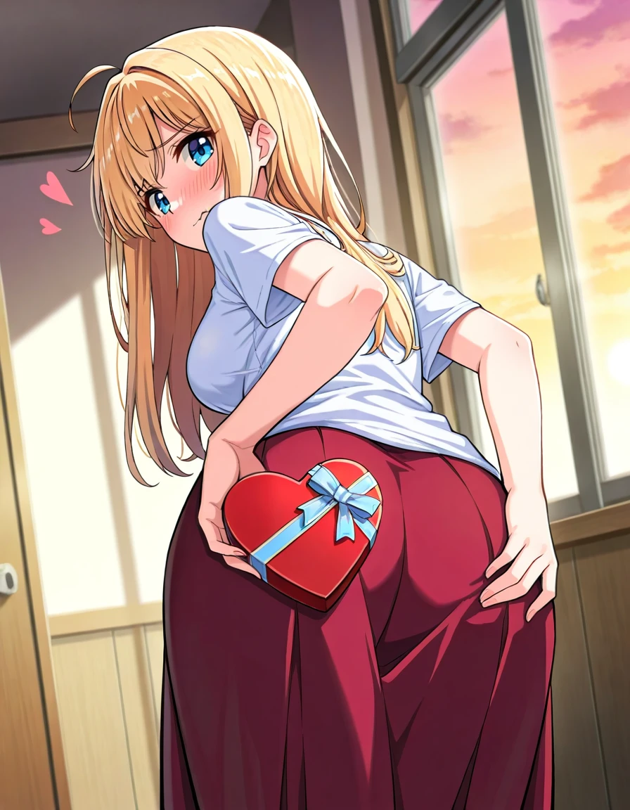 1girl, solo, general, pov, gift on ass, valentine, (embarrassed:1.1), gift, gift box, heart-shaped box, holding gift, hand on own ass, from behind, looking back, leaning forward, long hair, blonde hair, medium breasts, standing, indoors, t-shirt, long skirt, twilight, masterpiece, highres, absurdres, very aesthetic, newest, best quality, good quality