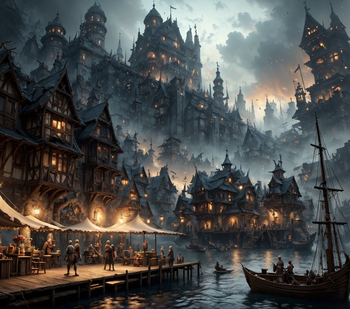 RAW photo, (masterpiece:1.3), subsurface scattering, heavy shadow, (high quality:1.4), (intricate, high detail:1.2), professional photography, HDR, High Dynamic Range, realistic, ultra realistic, photorealistic, high resolution, film photography, ambient lighting, atmospheric effects, <lora:detail_slider_v4:2>, OverallDetail,  DarkFantasy, <lora:HarborAndDocks:0.7>, 4boys, a group of smugglers on a lonesome dock, hado, water, harbor, water, medieval fantasy