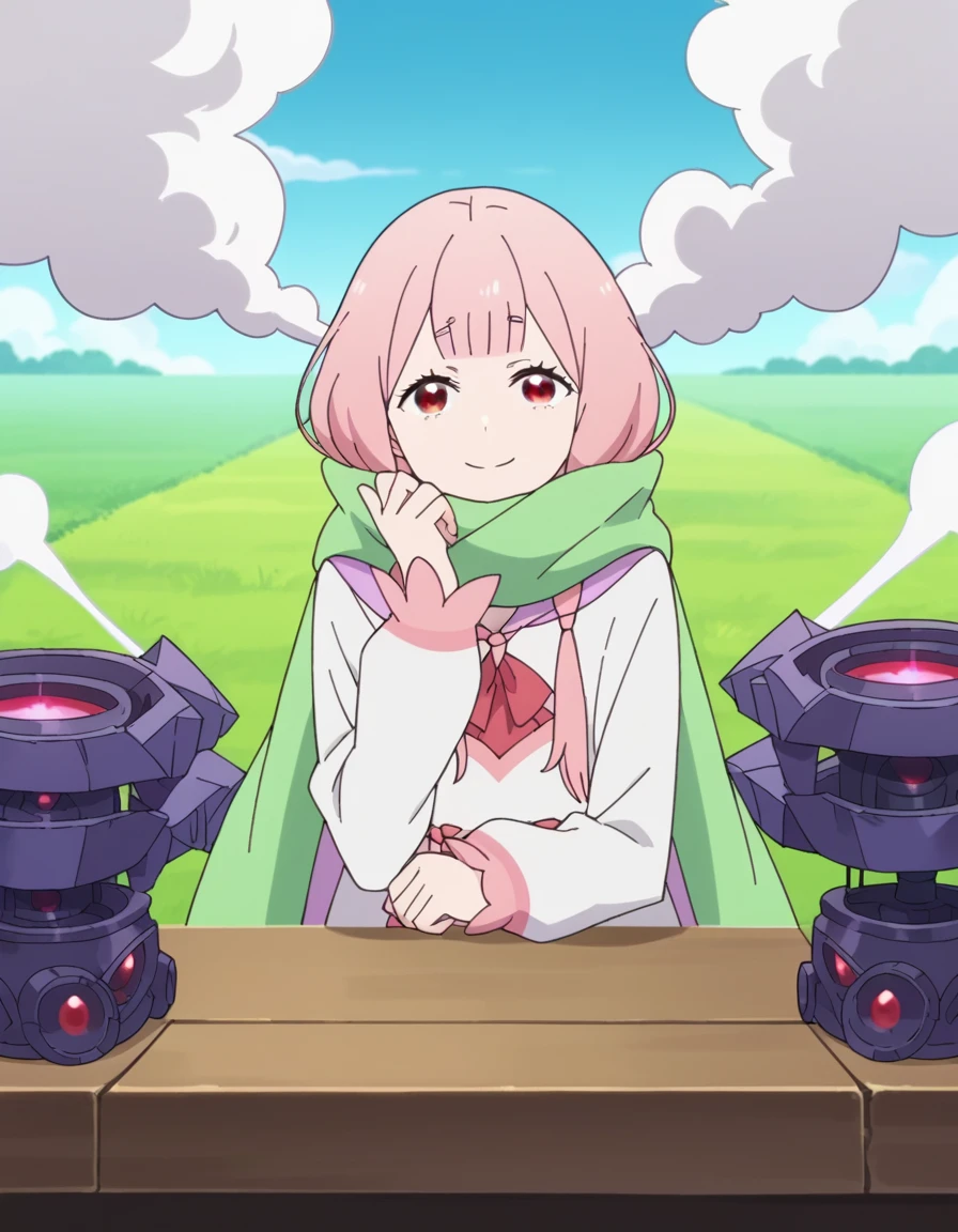 score_9, score_8_up, score_7_up, source_anime, <lora:rezero-carmilla-s2-ponyxl-lora-nochekaiser:1>, carmilla, red eyes, pink hair, anime screencap,, long sleeves, dress, scarf, coat, sleeves past wrists, green scarf, power plant, machinery, smoke, energy, workers, smile, sitting, elbow rest, table,, looking at viewer, solo,, cowboy shot, solo