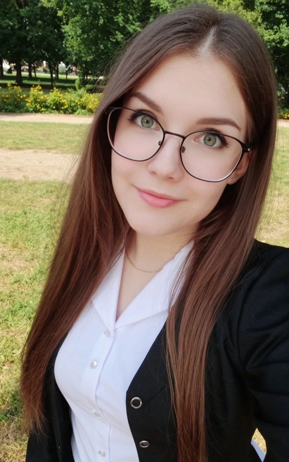 cute slim girl, glasses, candid, costume, park, eye contact, sunny, blur   <lora:kittyklaw_sdxl:0.9>, <lora:dmd2_sdxl_4step_lora_fp16:0.7>