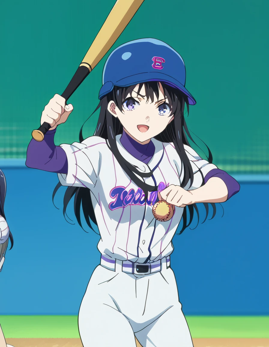 score_9, score_8_up, score_7_up, source_anime, <lora:naoka-ueno-movie-ponyxl-lora-nochekaiser:1>, naoka ueno, long hair, bangs, black hair, purple eyes, mature female, small breasts, anime screencap, <lora:batting-stance-ponyxl-lora-nochekaiser:1>, batting stance, looking at viewer, smile, open mouth, baseball bat, holding baseball bat, <lora:baseball-uniform-ponyxl-lora-nochekaiser:1> baseball uniform, baseball, striped belt, shirt under shirt, sportswear, ribbed shirt, baseball helmet, baseball bat, baseball jersey, baseball field,,