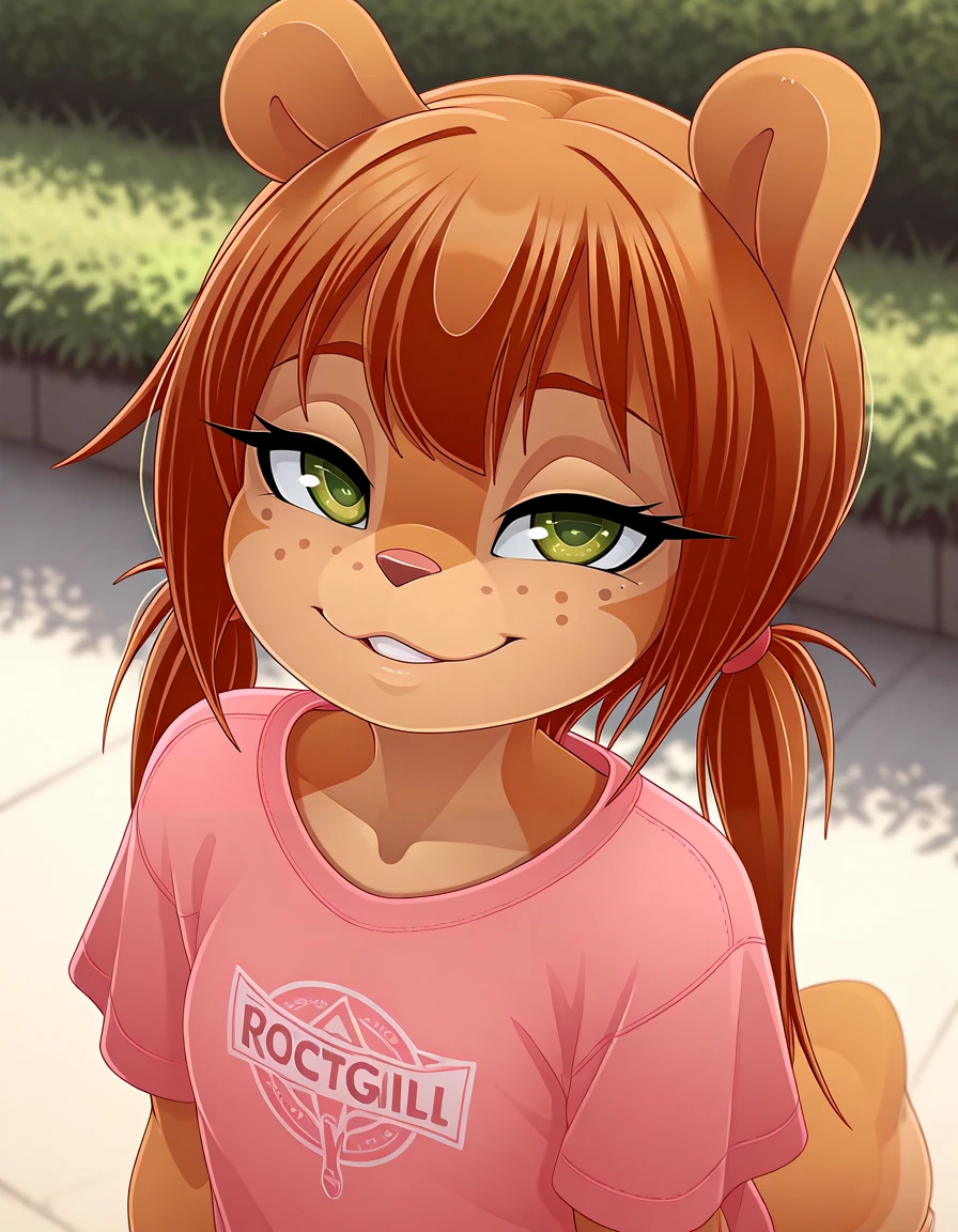 masterpiece, best quality,
outdoors,
upper body, face focus,seductive smile,long eyelashes,parted lips,teeth, pink shirt,
<lora:Rocketgirl_v01_ILXL:1>,
Rocketgirl, 1girl, solo, animal ears, furry female, tail, brown hair, long hair, green eyes, bangs,freckles, brown fur,full body, sidelocks, twintails, two-tone fur,