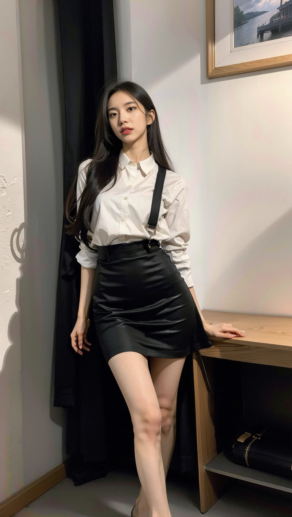 (1 Korean star with royal sister style), ((Best quality, 8K, Masterpiece: 1.3)), Focus: 1.2, Perfect body beauty: 1.4, (Make a smile), (Sunset: 1.3), Watery eyes, Highly detailed face and skin texture, Fine eyes, Double eyelids, Whitens the skin, (Long hair, Air bangs: 1.3), (face round: 1.5), (Professional outfit 1.4), (Standing on the roof: 1.6),(black lence stockings: 1.4),a sense of atmosphere