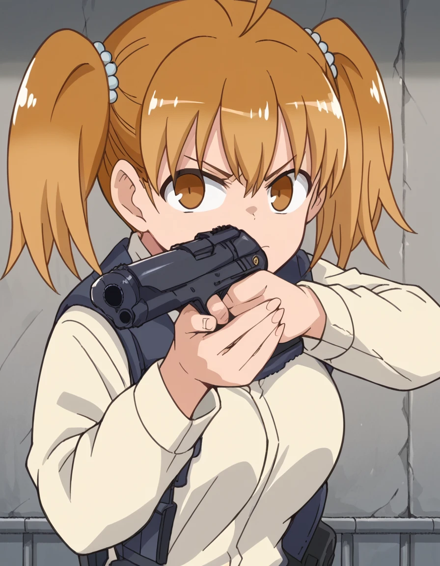score_9, score_8_up, score_7_up, source_anime, <lora:ijiranaide-yoshi-s1s2-ponyxl-lora-nochekaiser:1>, yoshi, brown hair, twintails, brown eyes, ahoge, medium breasts, anime screencap, <lora:center-axis-relock-stance-ponyxl-lora-nochekaiser:1>, center axis relock stance, looking at viewer, holding, closed mouth, weapon, holding weapon, gun, holding gun, handgun, aiming, finger on trigger, aiming at viewer, m1911,, ,