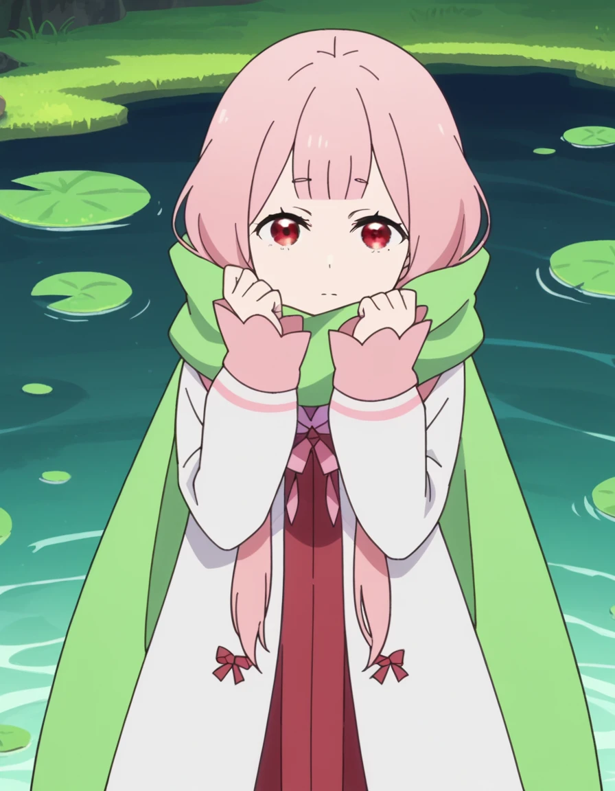 score_9, score_8_up, score_7_up, source_anime, <lora:rezero-carmilla-s2-ponyxl-lora-nochekaiser:1>, carmilla, red eyes, pink hair, anime screencap,, long sleeves, dress, scarf, coat, sleeves past wrists, green scarf, wetland, water, reeds, swamp, wildlife, , head rest, looking at viewer, solo,, cowboy shot, solo