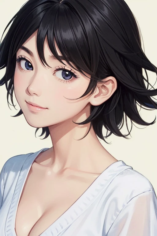 (high quality:1.3), (best quality:1.3), Illustration, (in style of Hisashi Eguchi:1.2), upper body, 24 year old, black hair, slight smile, detailed skin face and eyes, natural lighting, short hair, cleavage, natural face, dark circles under eyes