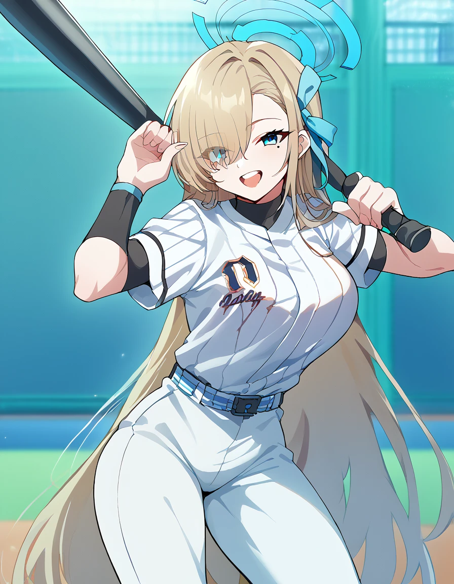 score_9, score_8_up, score_7_up, source_anime, <lora:asuna-ichinose-ponyxl-lora-nochekaiser:1>, asuna ichinose, blonde hair, blue eyes, hair bow, hair ornament, hair over one eye, halo, long hair, mole, mole on breast, mechanical halo, large breasts, <lora:batting-stance-ponyxl-lora-nochekaiser:1>, batting stance, looking at viewer, smile, open mouth, baseball bat, holding baseball bat, <lora:baseball-uniform-ponyxl-lora-nochekaiser:1> baseball uniform, baseball, striped belt, shirt under shirt, sportswear, ribbed shirt, baseball helmet, baseball bat, baseball jersey, baseball field,,