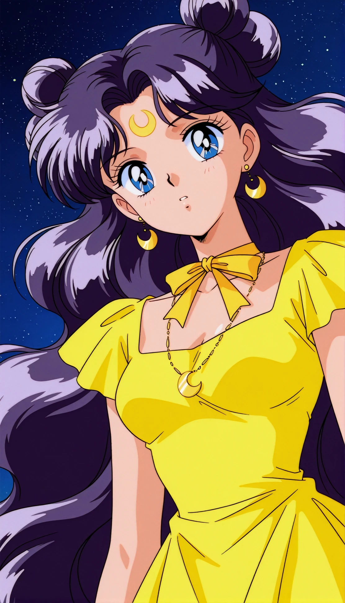 masterpiece,best quality,amazing quality,lunaill,1990s (style),1girl,long hair,solo,crescent facial mark,crescent,facial mark,yellow dress,dress,sky,jewelry,star (sky),forehead mark,necklace,yellow choker,blue eyes,starry sky,night,hair bun,earrings,very long hair,retro artstyle,night sky,ribbon choker,crescent earrings,purple hair,choker,looking at viewer,double bun,anime coloring,ribbon,parted bangs,<lora:lunaill:0.8>,