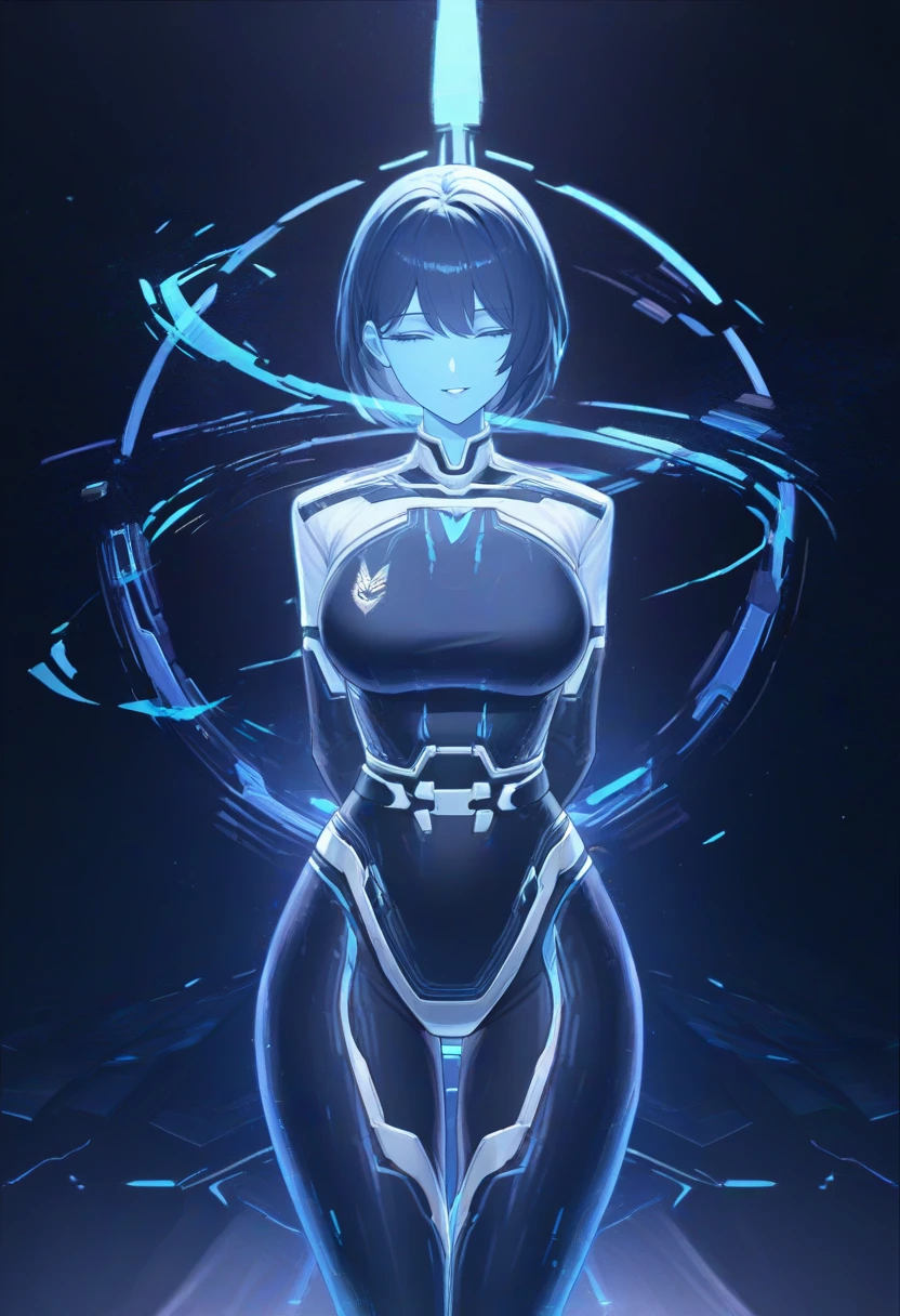 masterpiece, best quality, amazing quality,
1girl, solo, USTheWeapon, blue skin, holographic girl,
standing, arms behind back, hands behind back,
facing viewer, looking at viewer,
light smile, parted lips,
dark background,
<lora:USTheWeapon:1>,