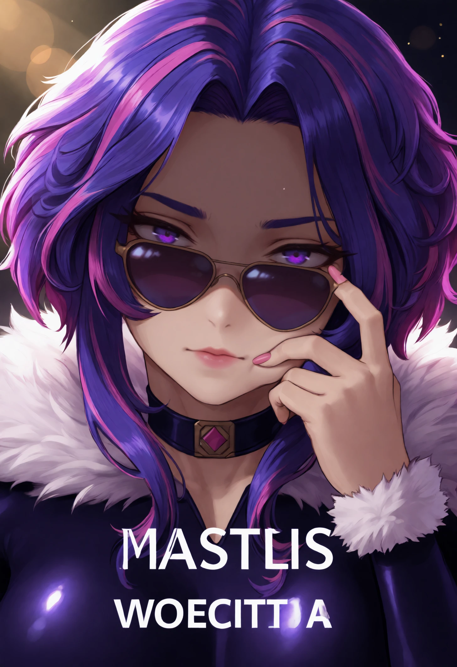 masterpiece, best quality, absurdres, very aesthetic, toned, 1girl
medium hair, two-tone hair, pink hair, purple hair, streaked hair, sidelocks, parted bangs, purple eyes,
fake magazine cover, bodysuit ,fur trim,choker,jewelry,aviator sunglasses,looking over eyewear,close-up,light particles,pink nails,looking at viewer,head tilt,shaded face,text,lipgloss,finger on own cheek
detailed background, lens flare, reflection, bokeh, sunbeam,
<lora:tstsmkn _idxl_EliPot:1>