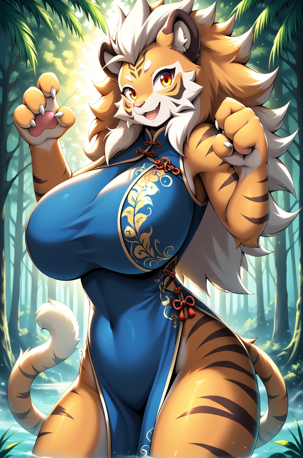 score_9, score_8_up, score_7_up, score_6_up, score_5_up, score_4_up, (solo), female anthro master tigress, purple robe, lusty, fluffy body, long blond hair, turquoise eyes, (thick thighs:1.5)((( offering the breasts))) sex partial clothes, (((cleavage))) semi-butonned uniform niform, (barely_visible_booba) (she is sitting) , giant breasts, garter belt tights