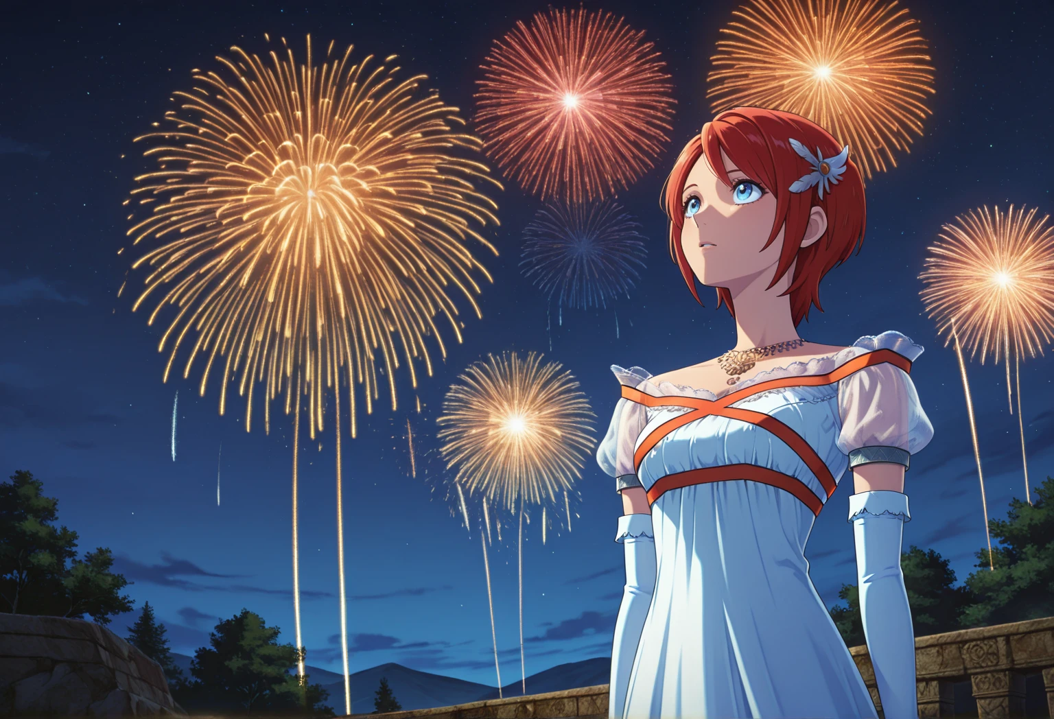 anime_coloring, anime_screenshot, 1girl, princesselise, red hair, blue eyes, short hair, white dress, necklace, hair ornament, feather, elbow gloves, outside, looking up, sky, fireworks, night, cosboy_shot,