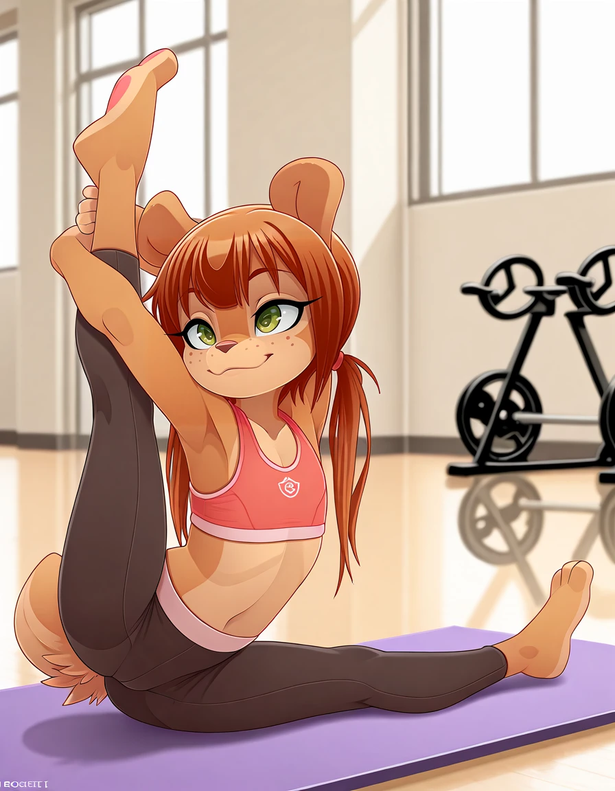 masterpiece, best quality,
indoors, gym,
full body,long eyelashes,smile,yoga pants, sports bra,
yoga mat, stretching,
<lora:Rocketgirl_v01_ILXL:1>,
Rocketgirl, 1girl, solo, animal ears, furry female, tail, brown hair, long hair, green eyes, bangs,freckles, brown fur,full body, sidelocks, twintails, two-tone fur,